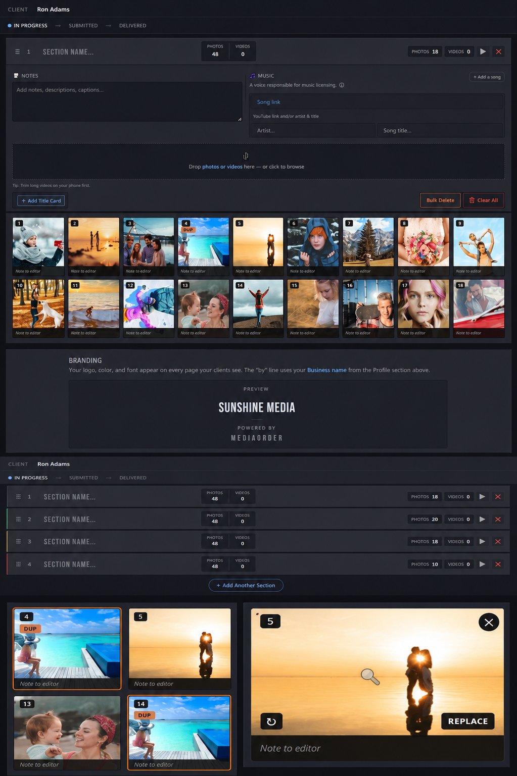 The MediaOrder client portal — section structure, photo slots, music inputs, duplicate detection, branding, and the submission status flow