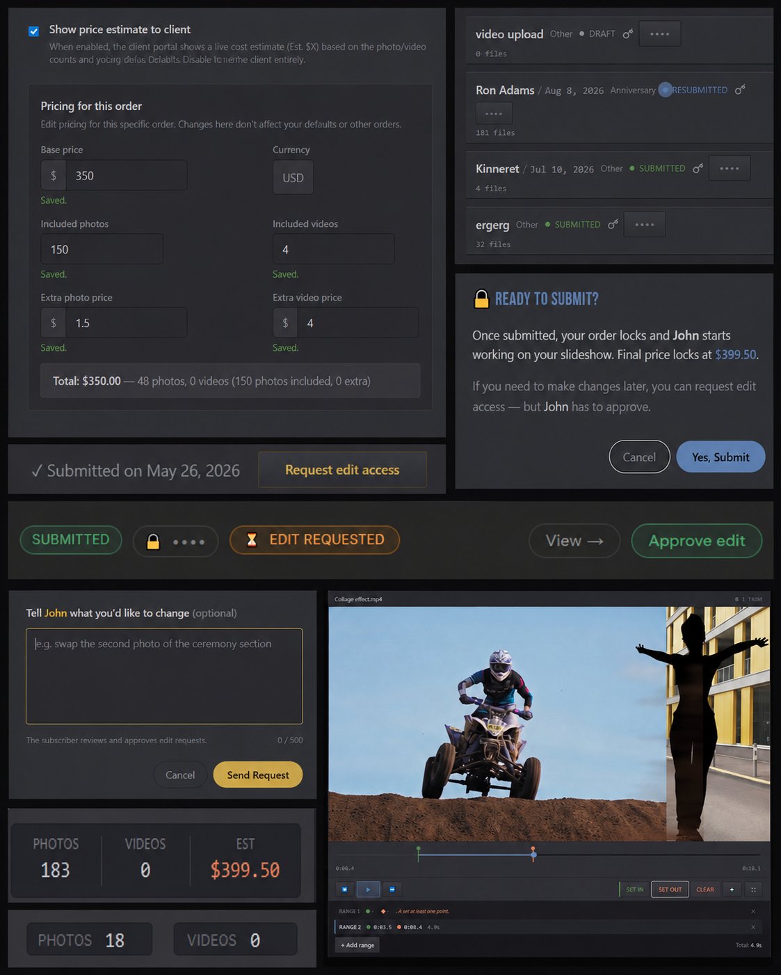 Your MediaOrder studio — the dashboard, pricing settings, per-order overrides, the submit lock modal, the edit-access approval flow, status capsules, and the video trim interface
