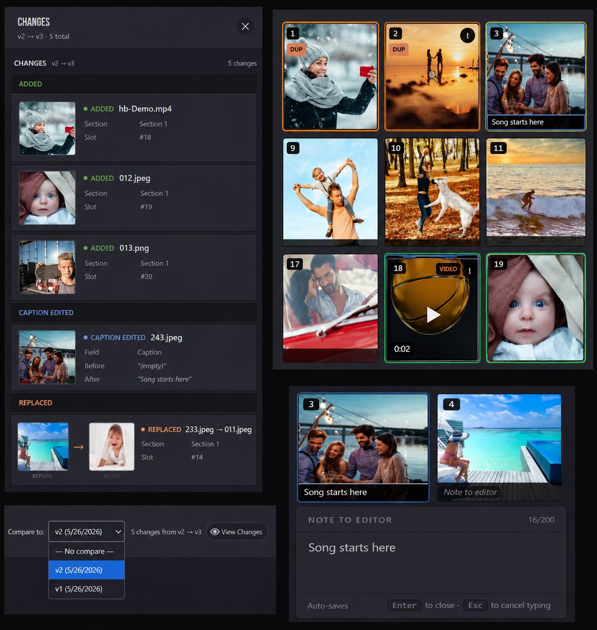 MediaOrder's version control — the changes log showing additions, replacements, and caption edits, color-coded photo borders for added/replaced/moved/deleted, and the version comparison dropdown